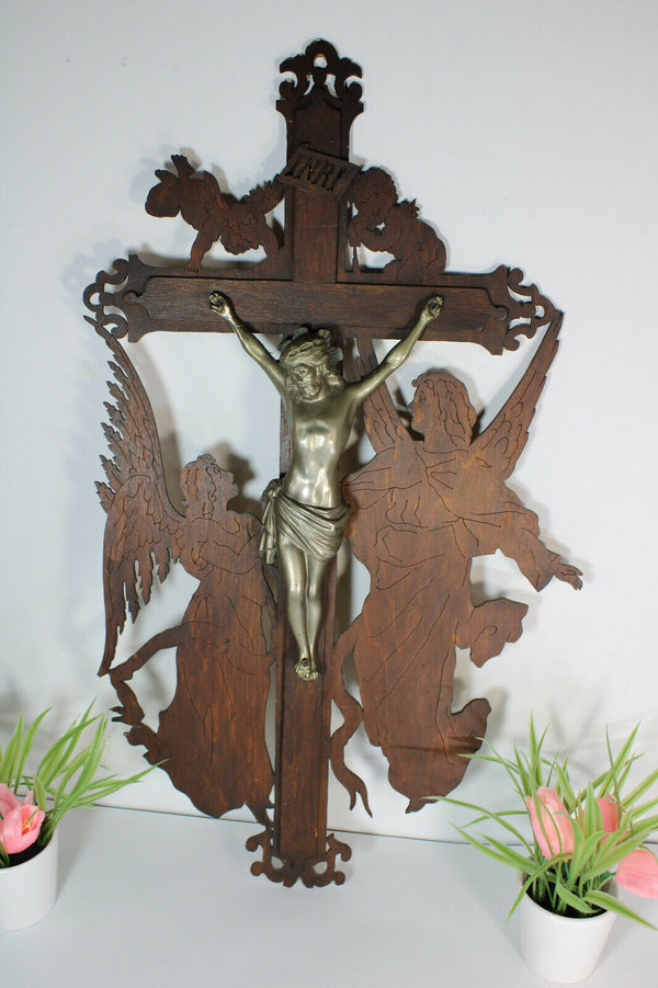 XL vintage  wood cut wall crucifix archangels angels cherub rare