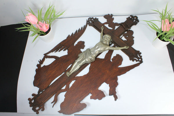 XL vintage  wood cut wall crucifix archangels angels cherub rare