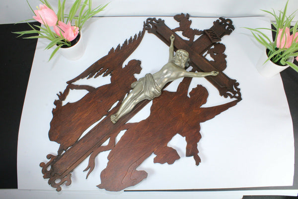 XL vintage  wood cut wall crucifix archangels angels cherub rare