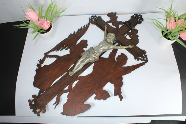 XL vintage  wood cut wall crucifix archangels angels cherub rare