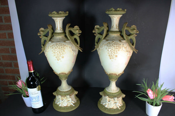 Huge rare pair ROYAL DUX porcelain ceramic Vases Dragon gothic putti vases mark