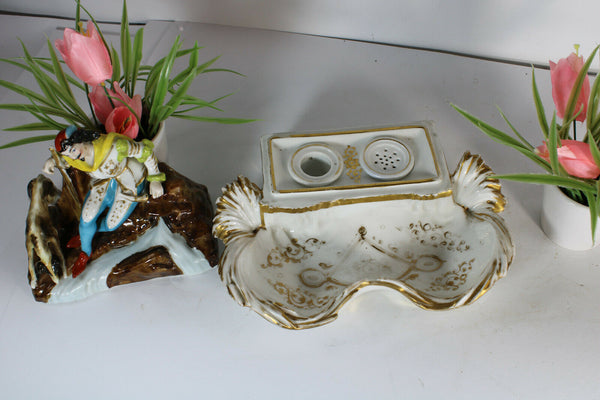 Antique 19thc Vieux paris porcelain inkwell man dog rare french