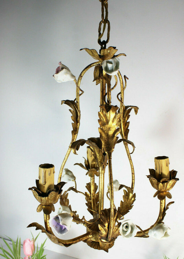 Vintage French metal gold gilt 3 arm chandelier porcelain flowers