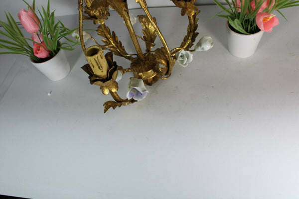 Vintage French metal gold gilt 3 arm chandelier porcelain flowers