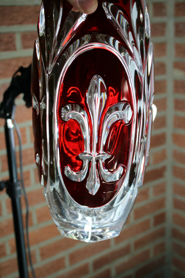 Vintage bohemia crystal ruby red clear glass vase fleur de lys rare 1960