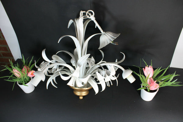 vintage mid century floral white lacquered metal Chandelier attr hans kogl