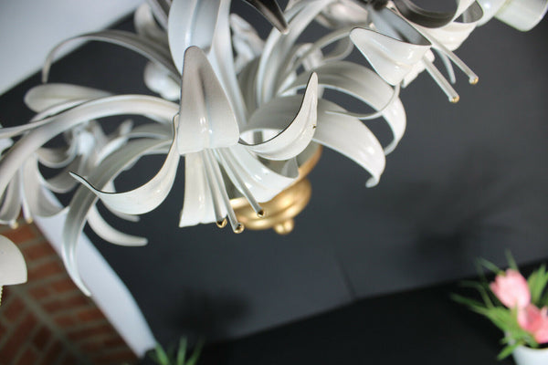 vintage mid century floral white lacquered metal Chandelier attr hans kogl