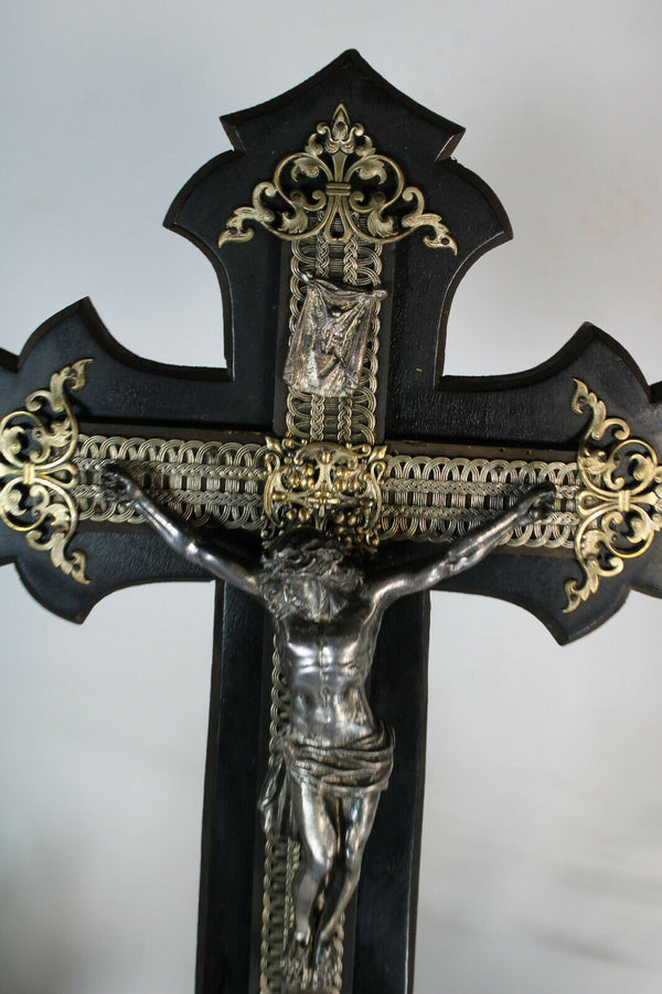 Antique 19thc Napoleon III wood carved Black lacquered Crucifix religious