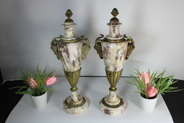 PAIR antique marble urns vases satyr devil bronze heads sides