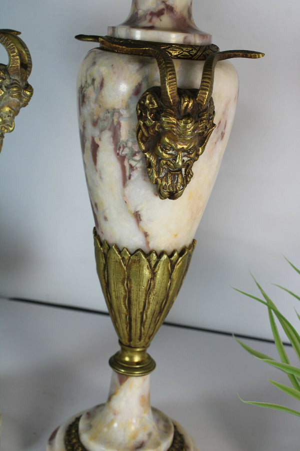 PAIR antique marble urns vases satyr devil bronze heads sides