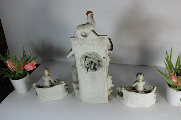 Antique German bisque porcelain mantel clock set farm rooster dog sheep