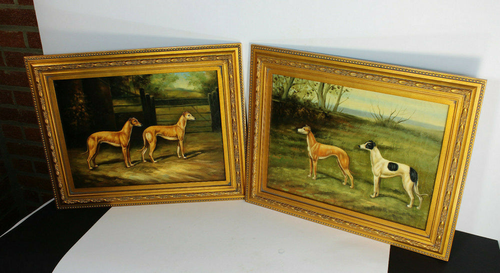 PAIR vintage grey hound dogs oil panel paintings