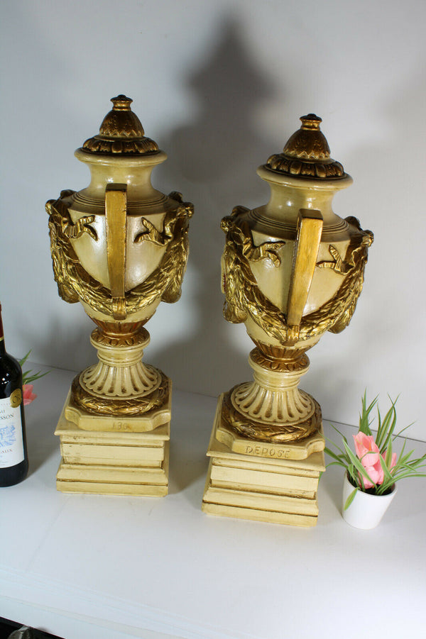 PAIR XL chalkware portrait Vases on wood pedestal