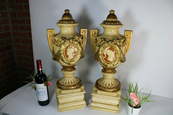 PAIR XL chalkware portrait Vases on wood pedestal