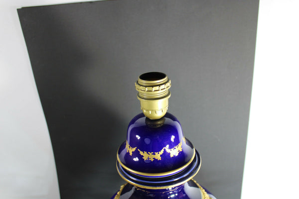 Vintage french cobalt blue limoges table lamp vase