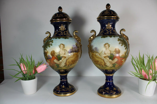 Gorgeous limoges blue cobalt hand paint vases romantic landscape decors rare