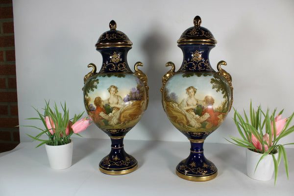 Gorgeous limoges blue cobalt hand paint vases romantic landscape decors rare