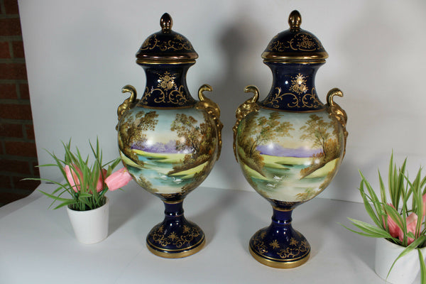 Gorgeous limoges blue cobalt hand paint vases romantic landscape decors rare