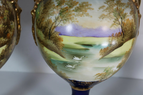 Gorgeous limoges blue cobalt hand paint vases romantic landscape decors rare