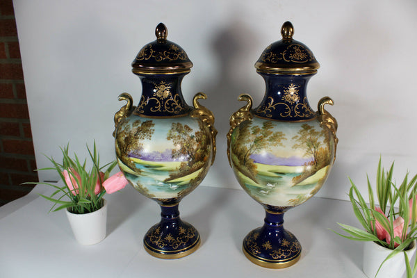 Gorgeous limoges blue cobalt hand paint vases romantic landscape decors rare