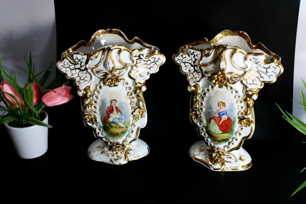 pair antique french vieux paris porcelain portrait vases
