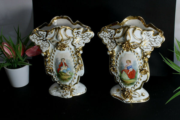 pair antique french vieux paris porcelain portrait vases