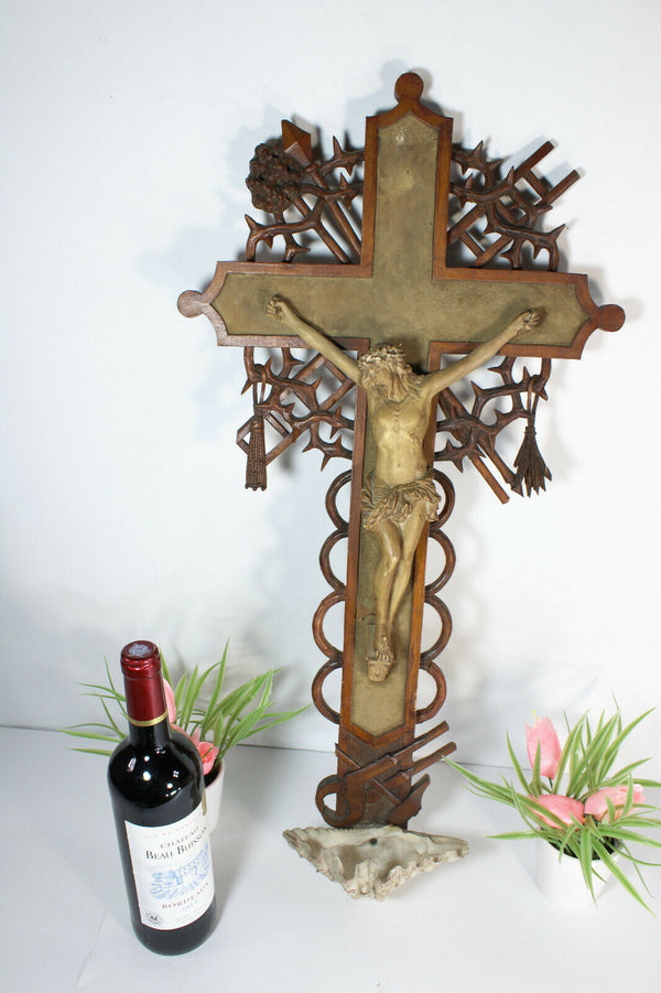 Antique XL rare wood carved crucifix holy water font religious church