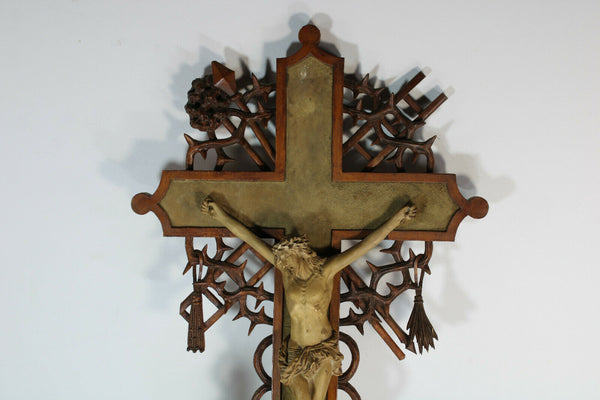 Antique XL rare wood carved crucifix holy water font religious church