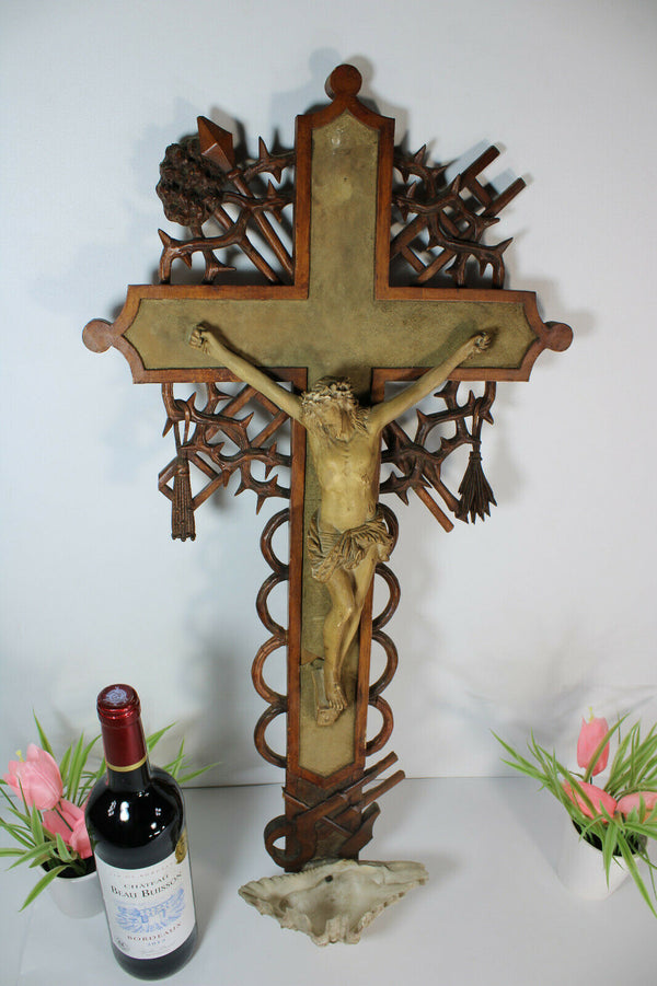 Antique XL rare wood carved crucifix holy water font religious church