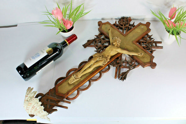 Antique XL rare wood carved crucifix holy water font religious church