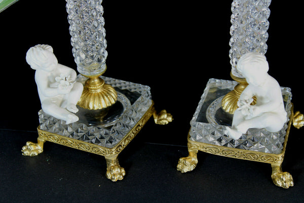 PAIR Vintage glass candle holder candlesticks bisque putti cherub figurine