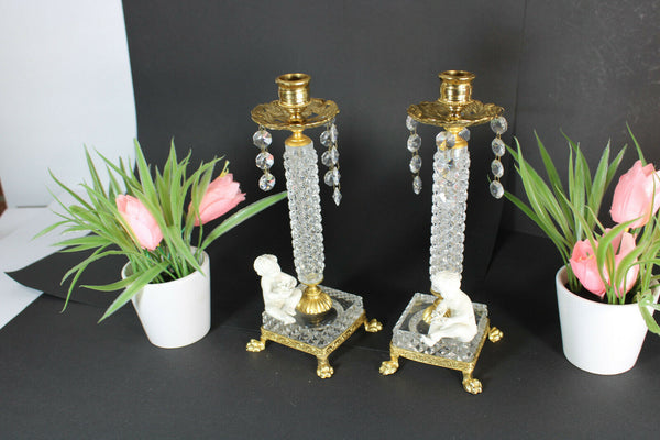 PAIR Vintage glass candle holder candlesticks bisque putti cherub figurine