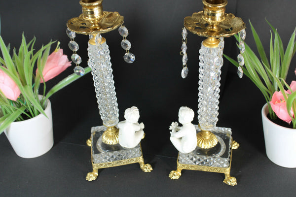 PAIR Vintage glass candle holder candlesticks bisque putti cherub figurine