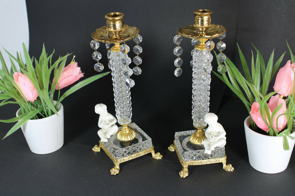 PAIR Vintage glass candle holder candlesticks bisque putti cherub figurine