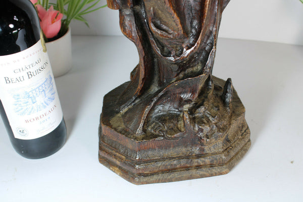 Antique large wood carved religious madonna statue figurine