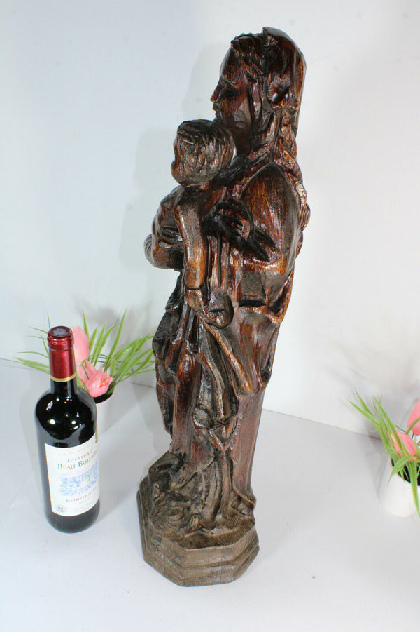 Antique large wood carved religious madonna statue figurine