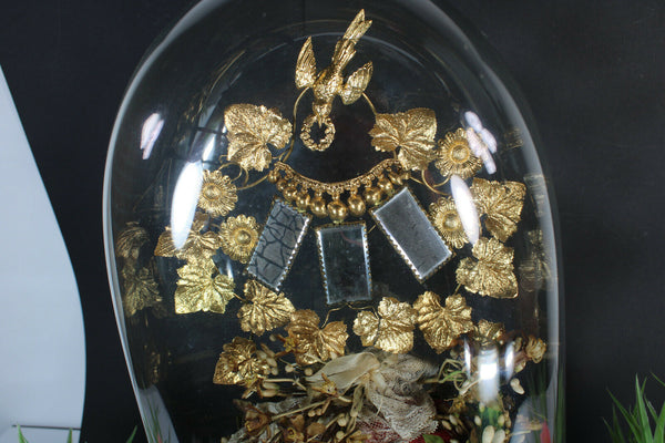 antique 1880s bridal wedding glass globe dome birds mirrors tiara wax