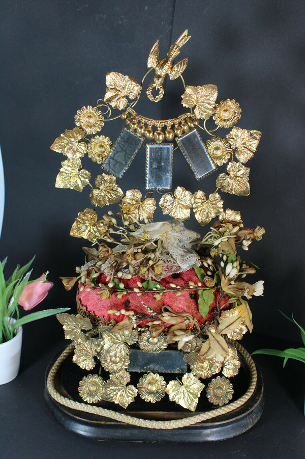 antique 1880s bridal wedding glass globe dome birds mirrors tiara wax