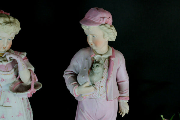 pair large antique french 19thc bisque porcelain boy girl statue