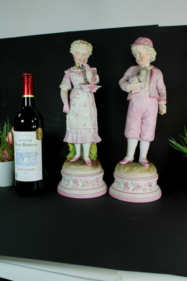 pair large antique french 19thc bisque porcelain boy girl statue
