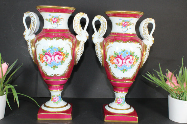 pair french pilllivuyt marked porcelain Swan handles hand paint vases rare