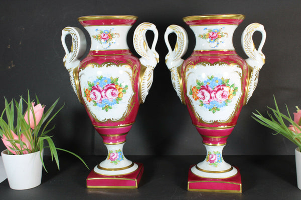 pair french pilllivuyt marked porcelain Swan handles hand paint vases rare