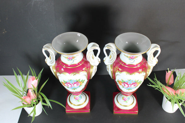 pair french pilllivuyt marked porcelain Swan handles hand paint vases rare