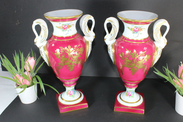 pair french pilllivuyt marked porcelain Swan handles hand paint vases rare