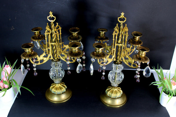 pair antique metal glass dragon griffin candelabras candle holders rare