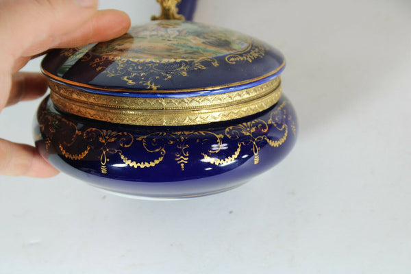 Vintage french cobalt blue porcelain victorian scene box