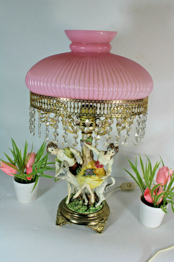 Large Belgian porcelain Faience romantic figurine statue table lamp pink glass
