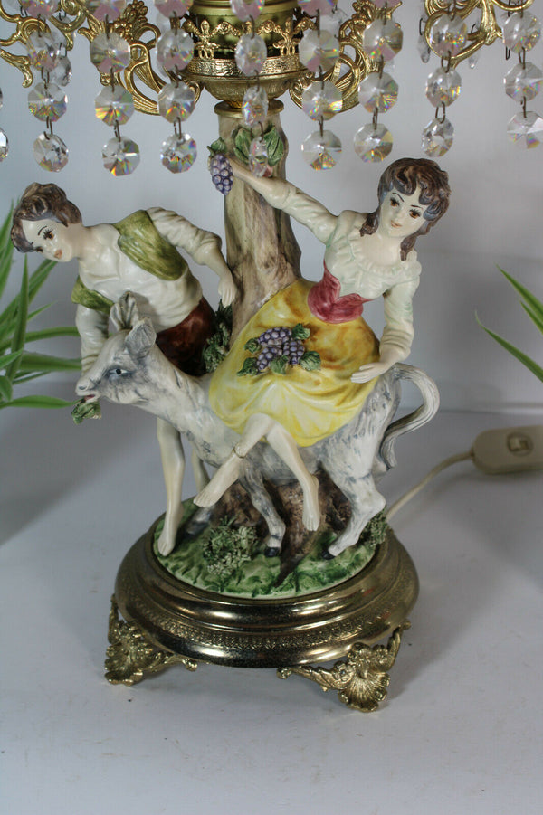 Large Belgian porcelain Faience romantic figurine statue table lamp pink glass