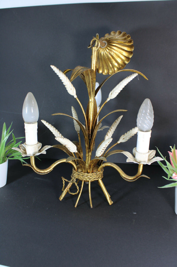 Vintge mid century 1970 MEtal gold gilt wheat corn chandelier attr hans kogl