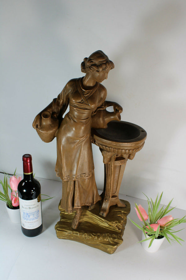 XL antique  art deco statue sculpture lady water source ram heads 1930s